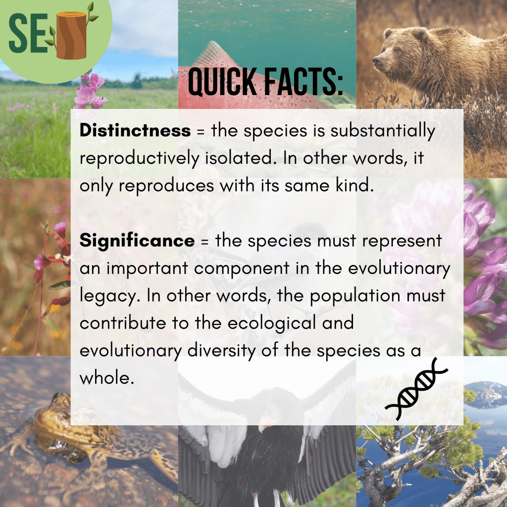 Slide 3/10. This slide defines the concepts of distinctness and significance for listing requirements. Distinctness means that the species is reproductively isolated and can only reproduce with its own kind. Significance means that the species represents an important component in the evolutionary history of the species.